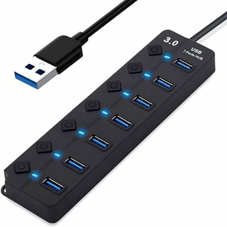 USB-hub, 7-porters USB 3.0-hub, USB-data multi-port hub-splitter med individuelle på/av-brytere, USB-forlengelse for MacBook