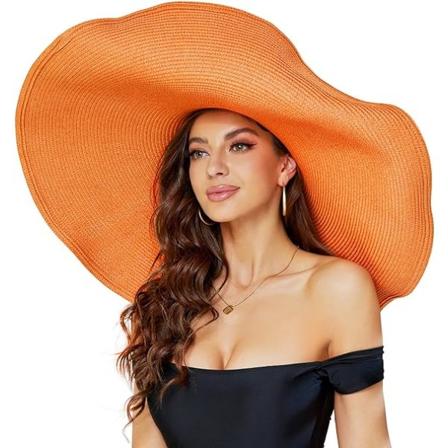 Oversized strandhatter for kvinner, stilige store solhatter med bred brem, håndrullede oppbrettelige solhatter, oransje