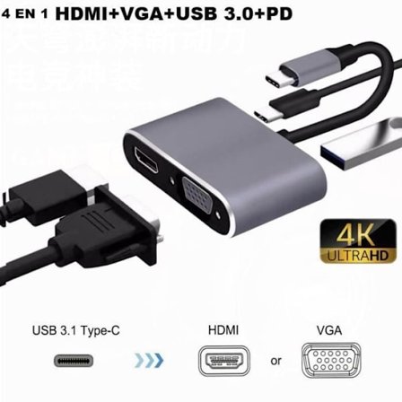 USB C Hub 4-i-1 Multiport Type C Hub Adapter type c til HDMI 4K, VGA, USB3.0, type c - Sølv