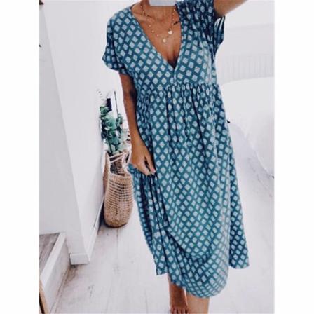Sommar Kvinnor Lång Klänning A-line O-neck Solid Grön Elegant Beach