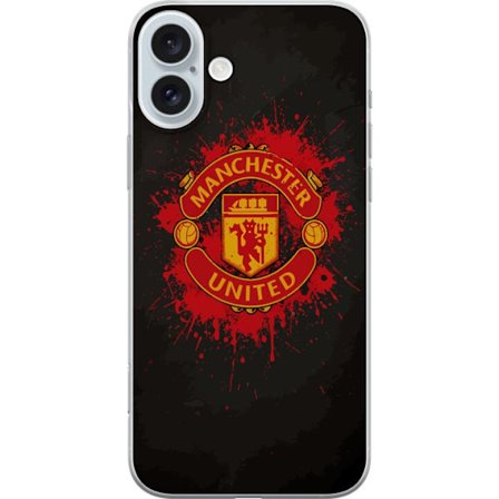 Kompatibelt Mobildeksel til Apple Apple iPhone 16 Plus Manchester United logo i rød og gul farge med røff sportslig bakgrunn