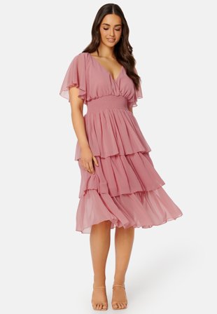 Goddiva Flutter Tiered Midi Dress Warm Pink Klær