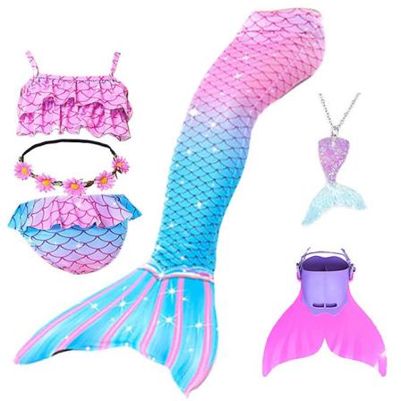 Sommarflicka sjöjungfru stjärt med monofin Halloween kostym prinsessa klänning baddräkt bikini badkläder för simning V 150cm(11-12T) 6PCS with fins