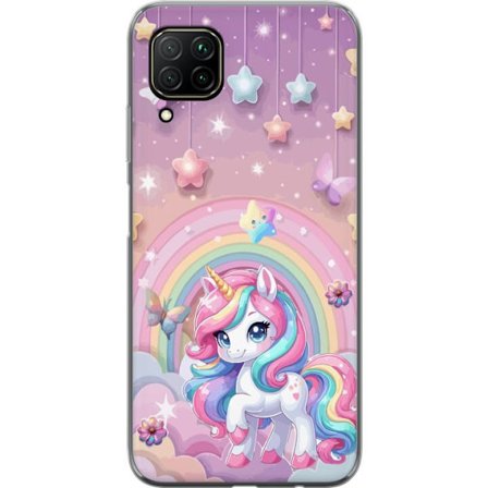 Kompatibelt Mobildeksel til Huawei P40 lite Magisk enhjørning med regnbue manke, stjerner og sommerfugler mot en pastellhimmel med skyer