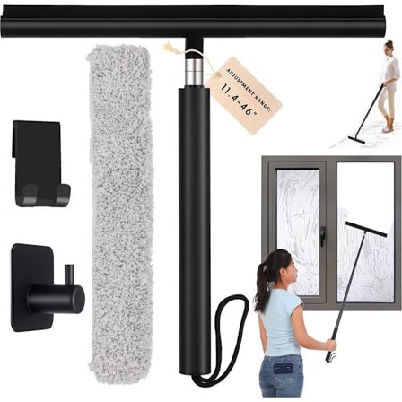 Udtrækkelig bruse-skraber med stang - 2 i 1 gulv- og vinduesrenser til glasdør, flisevæg, bil - Inkluderer mikrofiberklud og krog