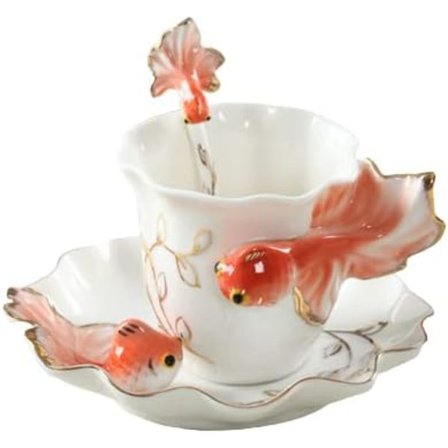 Keramisk tekopp, 3D guldfisk kaffekrus sæt, Fashion håndlavet porcelæn emalje guldfisk kaffekop med underkop og ske sæt porcelæn tekopp
