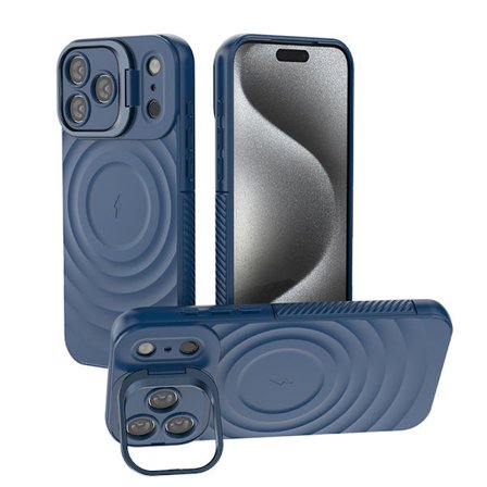 ING iPhone 17 Pro cover med stativ, bølget tekstureret stødsikkert cover, blå