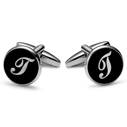 Round Silver-tone and Black Initial T Cufflinks for Men