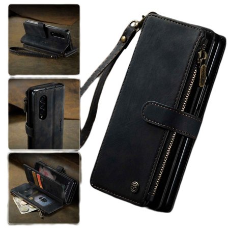 For Samsung Galaxy Z Fold 4 Etui, Nyeste Retro Lommebok Etui med Kortlomme, Multifunksjonelt Etui med Magnetisk Kickstand Rem Glidelås