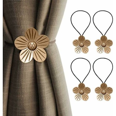 Sæt med 4 magnetiske gardinbindinger i harpiks - Vintage-stil - Blomstermønster - Guld - One Size