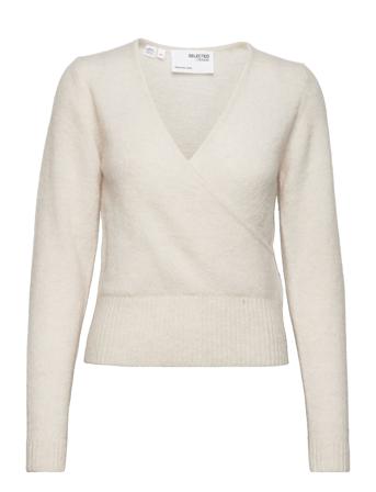 Slfsia Ls Wrap Knit V-Neck B White Selected Femme