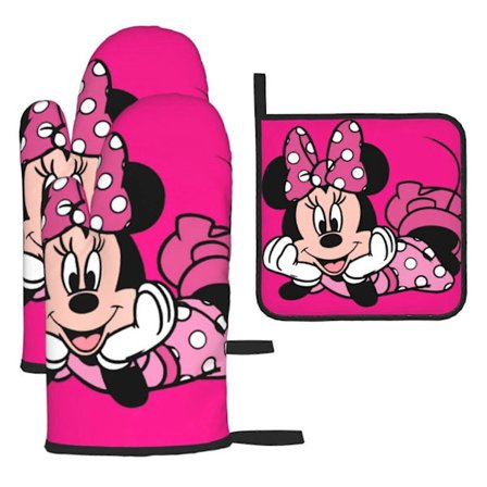 Söta Musse Pigg Grytlappar och Grythandskar 3-delars Set Tecknade Ugnsvantar och Grytlappar Lämpliga för Grillning Bakning Matlagning Mikrovågsugn