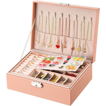 Smykkeboks for kvinner 2 lag skinn smykkeskrin oppbevaringsboks Trav