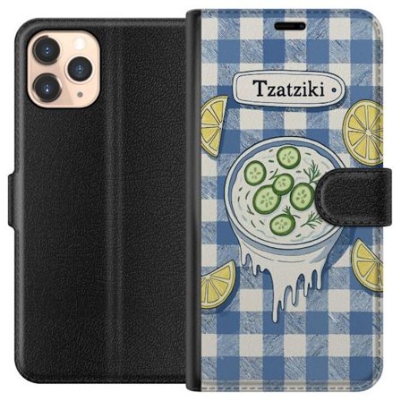 Kompatibelt Plånboksfodral till Apple Apple iPhone 11 Pro Grekisk tzatzikiskål illustration, gurka citron dill blått rutigt mönster, köksplansch