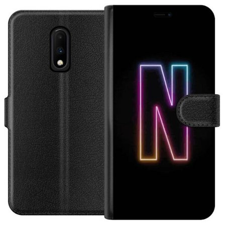 Kompatibel Tegnebogsetui til OnePlus OnePlus 7 Minimalistisk neonbogstav N i farveskiftende lys mod sort baggrund
