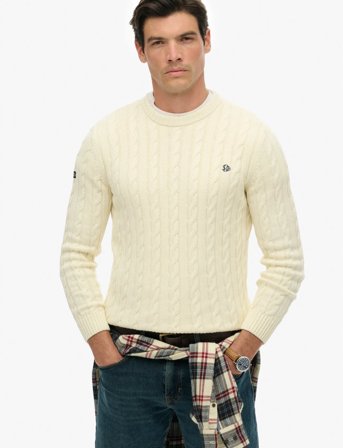 Superdry Cotton Cable Knit Crew - Cream - L