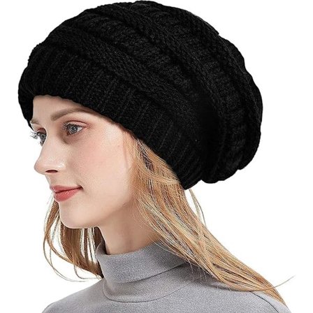 Vinterstrikket lue for kvinner - Varm og vindtett vinterlue - Passer for hodeomkrets 52-60 cm (Svart)