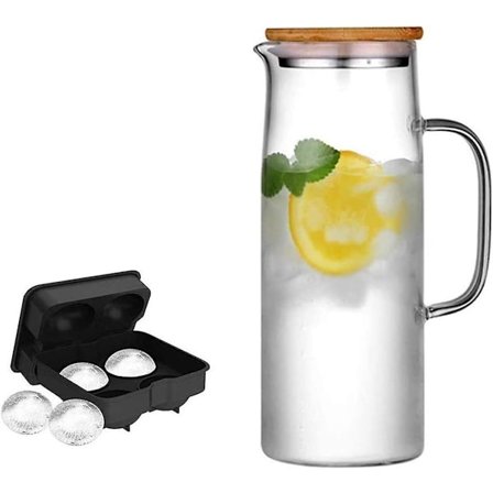 Lasikannu bambukannella - Korkean lämmön kestävä, liesituulettimen kestävä kannu kuumalle/kylmälle vedelle ja jääteelle (1200ml 42oz)