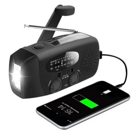 Svart vevradio med solceller, ficklampa och 2000mAh powerbank Nödradio, överlevnad svart