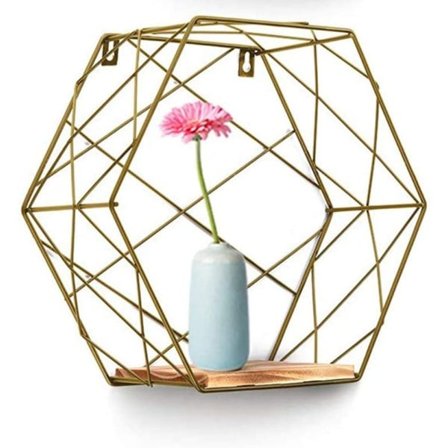 CDQ Set med 3 laget av tre og metall Hexagon veggmontert hylle