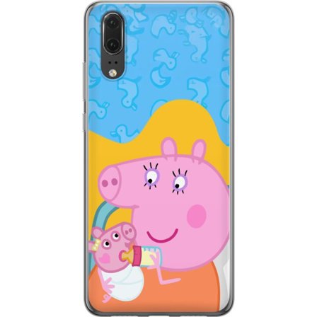 Kompatibel Mobilcover til Huawei P20 Peppa Gris familie motiv med mor gris, far gris og venner, farverig tegnet børnebillede