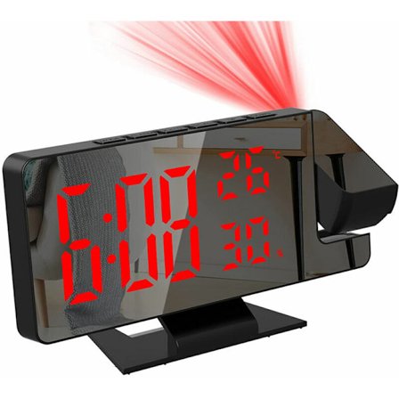 Projektorvekkerklokke for soverom, stor digital klokke med 180° projektor, 12/24H, USB-ladeport, temperatur- og fuktighetsvisning, slumre, nattbord