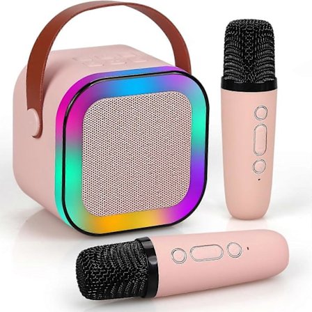 [COQQ] Mini Karaoke-maskin för barn och vuxna, portabel Bluetooth-högtalare med 2 trådlösa mikrofoner, födelsedagsfest sångleksak present rosa