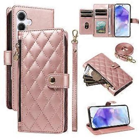 Kompatibel med Samsung Galaxy A55 5G Wallet Case med stropper, Rhombus Læder Stand Telefon Cover (PinkGuld)