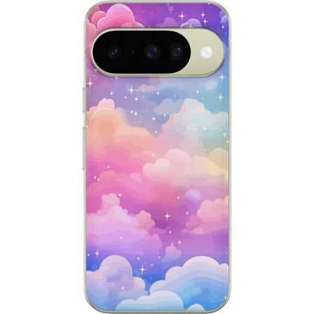 Kompatibelt Mobildeksel til Google Pixel 10 Søt enhjørning med regnbuefarget hår mot en stjernebelagt pastellbakgrunn i kawaii-stil