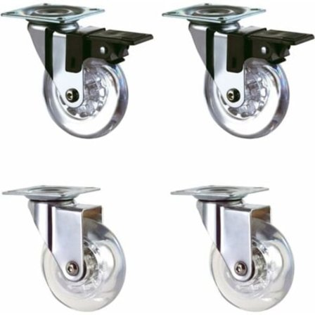 Set med 4 transparenta 50 mm hjul med broms för transport, lätta att flytta, lämpliga för alla ytor (50 mm), transparent gummibeläggning, total 
