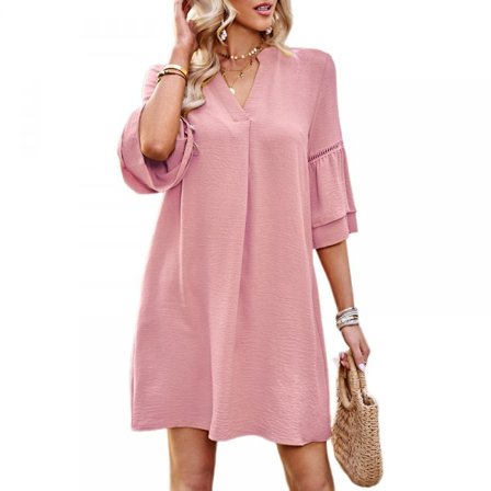 Neck Puff Sleeve Solid Color Loose Flowy Mini Dress (Pink M)