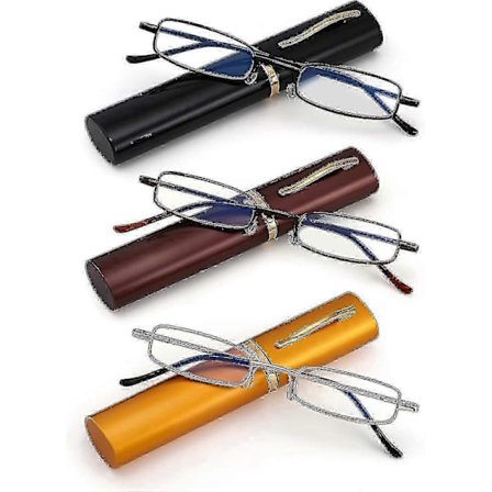 3-pack Smala Läsglasögon i Fickformat för Män och Kvinnor, Blåljusblockerande Kompakta Läsare, Fjädergångjärn, Metallram, Glasögon med Portabel 