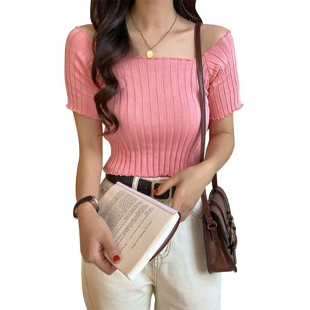 Stickad T-shirt Dam Kortärmad Topp Fyrkantig Neck Slim Solid