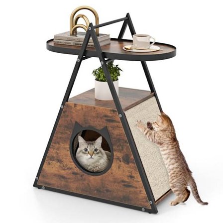 COSTWAY A-formet kattehus, skjult skab, 2-lags åben hylde, 2 i 1 træmøbler til kæledyr