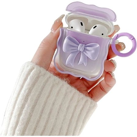 Kompatibel med AirPods 2 & 1 Etui Blød Gennemsigtig TPU med Sødt 3D Farve Sløjfe Design Stødsikker Nøglering Cover til Airpods 2 & 1 Lilla
