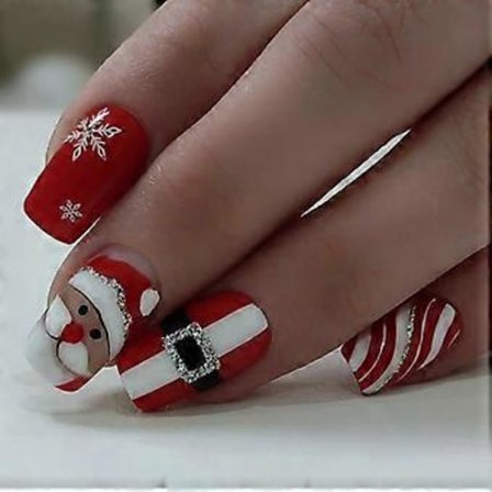 24 stk. Jule Press On Negler Firkantede Løsnegler Striper Full Dekning Lim på Negler Julenissen Kunstige Negler