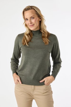 JENSEN - Langærmet Strik - Grøn Melange - Høj Hals
