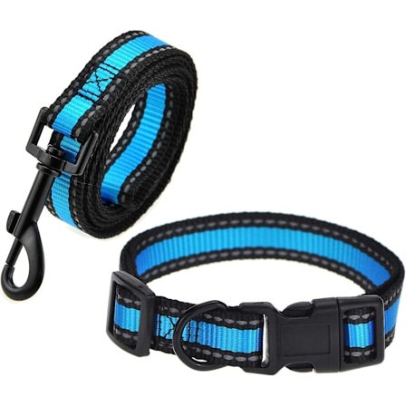 Hundehalsbånd og kobbel, kombinasjonspakke | Blå | Reflekterende 3m-stripe med nylonbånd | (blå 2-pakning kobbel og halsbånd, medium hals 14"-19" -40 