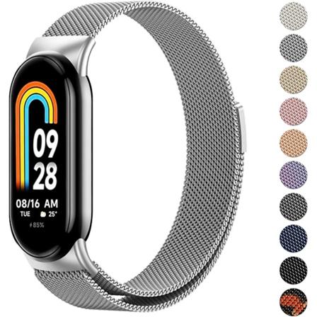 Rem för Xiaomi 8 män kvinnor, metallarmband för Xiaomi Mi Band 8 magnetiskt rostfritt stål mesh-rem med stark magnetism Silver
