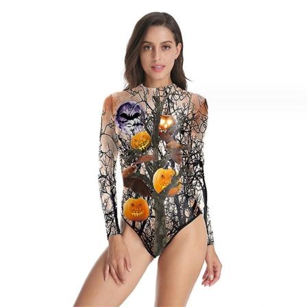 Halloween Dam Digital Skelett Tight Baddräkt i ett stycke med Zip-back style 4 L-XL