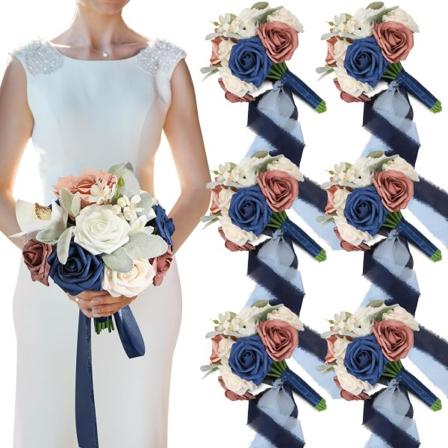 6 set brudtärnebuketter för bröllop 7'' konstgjord rosbukett brudhandhållen bukett med band kastning gradient blå