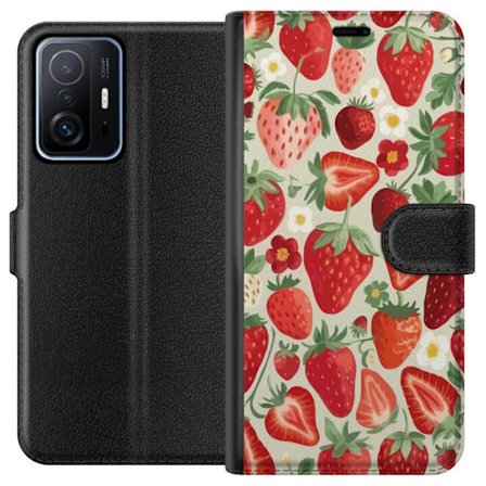 Kompatibelt Lommeboketui til Xiaomi 11T Dekorativt mønster med røde jordbær, grønne blader og små blomster