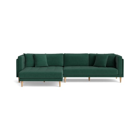 Cali Chaiselong Sofa, Venstrevendt, Ontario Grøn - Bred Dobbel Chaiselong med Bøgetræsben & Pyntepuder - 295x170x76cm - Minimalistisk Design Sofa