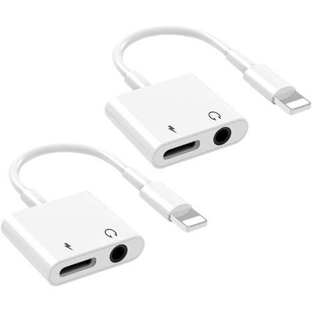 2-pak Lightning til 3,5 mm hodetelefonkontakt-adapter for iPhone Dongle 2-i-1 lader og aux-lydsplitteradapter, hvit
