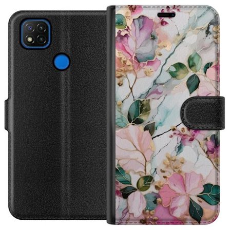 Kompatibel Tegnebogsetui til Xiaomi Redmi 9C Abstrakt marmormønster med blomster, blade og gyldne detaljer i bløde pastelfarver