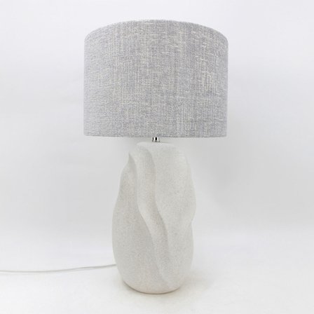 Keramisk bordlampe, beige fod, grå hørskærm