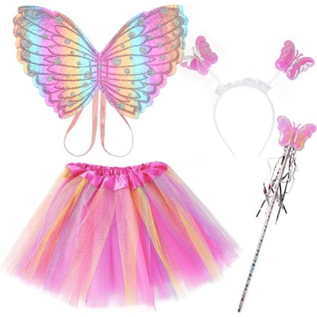 4 stk. Sommerfuglvinger Kostymesett for Barn, Fancy Utkledning Sommerfuglvinger Cape Barn, Prinsesse Fe Kostyme Sommerfuglvinger Sett med Tutu Skjørt