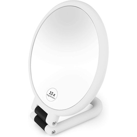 Makeup spejl dobbeltsidet, 1x 15x forstørrende håndholdt spejl med 360° foldbart håndtag, hængende skønhedsspejl, bærbart lille rejsespejl