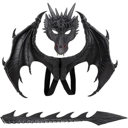 Draktekostyme for barn, gutter og jenter, CRTEPST dragevinge hale maske sett, Halloween dinosaur cosplay sett for barn (svart)