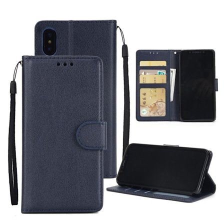 iPhone Xs Max syntet läder plånboks mobilfodral med kort platser samt mobilsnöre - Mörk Blå